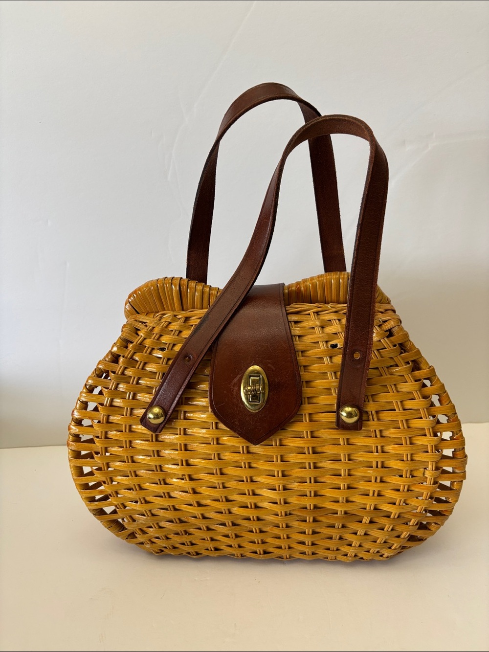 Vintage Woven Satchel with Brown Leather Trim